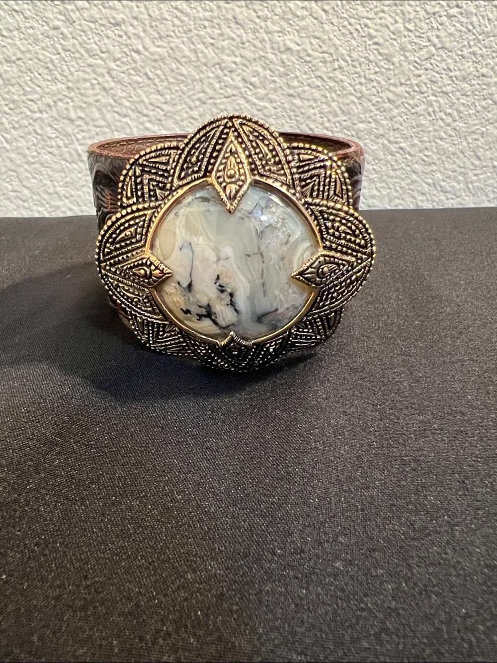 Barse Bronze Tone Marcasite Floral Statement Cuff Bracelet with White Agate